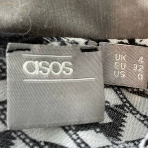 ASOS Empire Waist Mini Dress Black White Geometric Pattern Bell Sleeve 0 - Picture 5 of 7